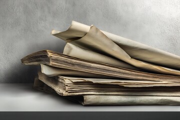 Stack of aged, worn books and rolled documents, evoking a sense of history and knowledge.