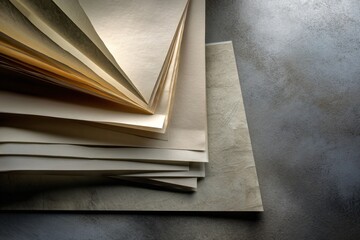 A stack of fanned and folded beige paper sheets on a textured gray concrete background, creating an abstract minimalist composition.