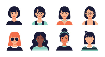Fototapeta premium Collection of diverse female avatars with different hairstyles and accessories.