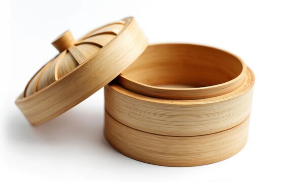 Bamboo steamer container for dim sum food. Wooden kitchen utensil with lid isolated on white background. Asian cookery equipment for steaming dumplings.