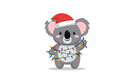 Adorable koala wearing a santa hat wrapped in Christmas lights.