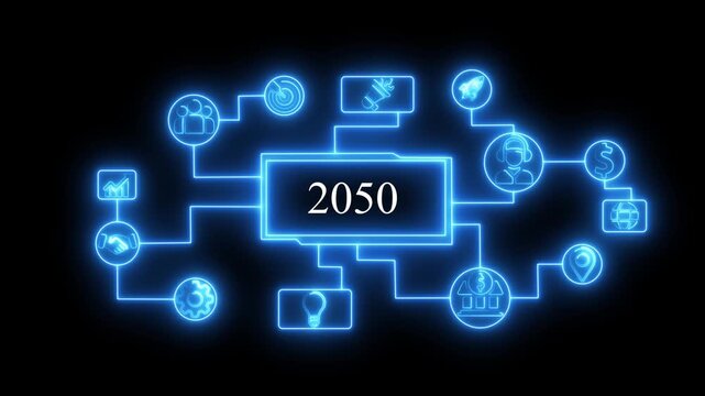 Futuristic 2050 business network connections glowing neon blue icons representing growth innovation teamwork finance global reach and success on black background abstract technology concept - Powered by Adobe