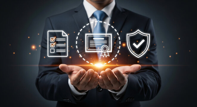 Professional businessman presents verified achievement icons, symbolizing trust, compliance, and successful certification for corporate growth and security assurance.