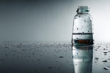 A glass bottle with condensation stands on a wet surface, reflecting its simple beauty.