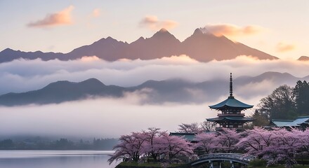 Japanese Pagoda and Cherry Blossoms with Mountain Backdrop at Sunrise.