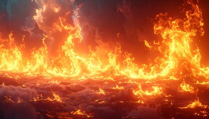 A fiery ocean scene, vibrant flames dance across the horizon, engulfing fluffy clouds in a dramatic, hellish panorama