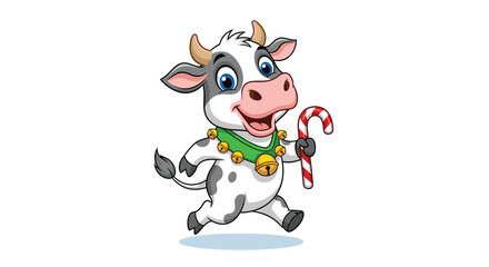 Fototapeta premium A cute cartoon cow holding a candy cane with a festive collar.