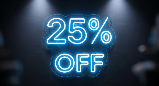 Ignite sales with vibrant blue neon 25% OFF sign, perfect for promotions and special offers attracting customers with eye catching discount alerts