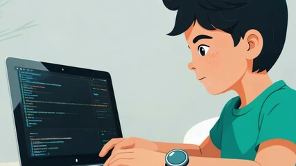  Cartoon Boy Coding on Laptop. This cartoon-style image depicts a young boy focused on coding on a laptop. The laptop screen displays lines of code, while the boy is shown typing with concentration.  - Powered by Adobe
