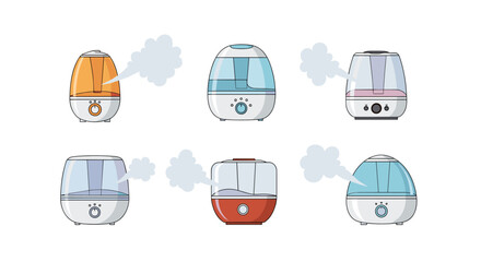This is a collection of cute and colorful humidifiers emitting steam.