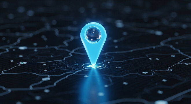 Dynamic neon blue location pin glowing brightly on a futuristic digital map interface, pinpointing a destination with a radiant light beam.