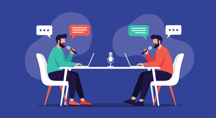 Two men having a podcast discussion over a table.