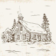 Hand-drawn winter landscape in vintage style with a wooden house covered with snow in a forest on a light background with texture.