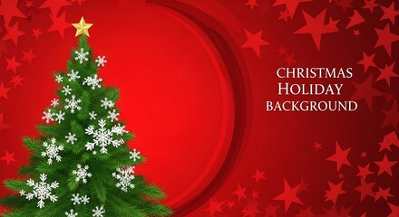 Christmas Holiday Background with Tree and Stars on Red.