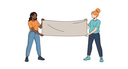 Two women holding a blank banner together with a smile.