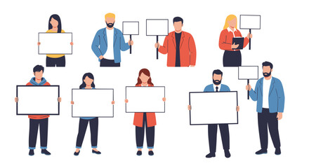 A diverse group of people holding blank signs for protest or demonstration.