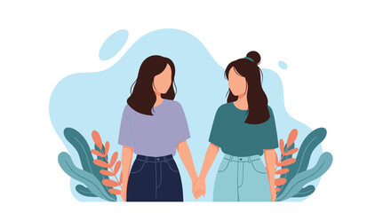Two women holding hands with a light blue abstract background and green leaves.
