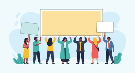 A diverse group of people holding blank signs for protest or demonstration.