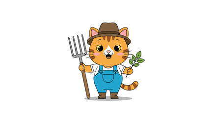 Adorable cartoon farmer cat holding a pitchfork and a plant.