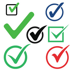 Colorful Check Mark and Tick Icon Set on White Background