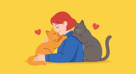 Woman hugging two cats with love and affection.