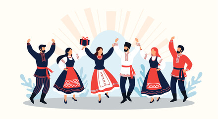 People dressed in traditional folk costumes are celebrating together happily.