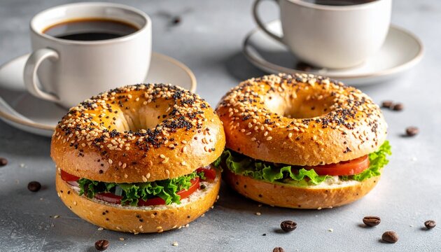 Two sesame bagel sandwiches with lettuce and tomato, served with black coffee in white cups