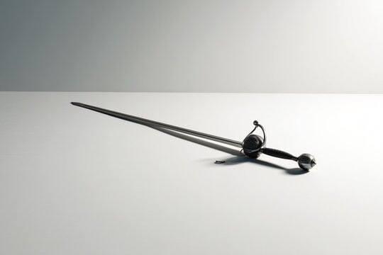 A lone, gleaming rapier lies on a white surface, embodying a tale of duels and bygone eras.