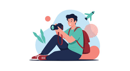 A young man taking a photo during his travel adventure.