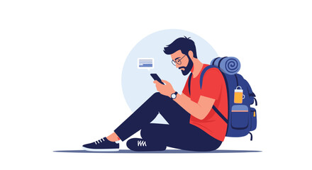 A traveler sitting and using his mobile phone while waiting.