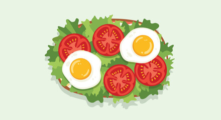 A delicious breakfast salad with fried eggs and tomatoes.