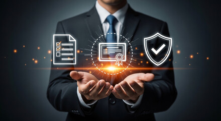 Professional businessman presents glowing icons of certification, checklist, and shield symbolizing trust, quality, and assurance for business growth and success.