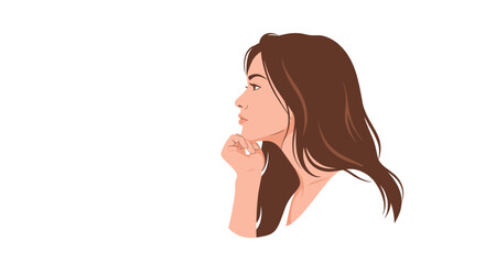 A young woman with long brown hair in a white shirt contemplates deeply.
