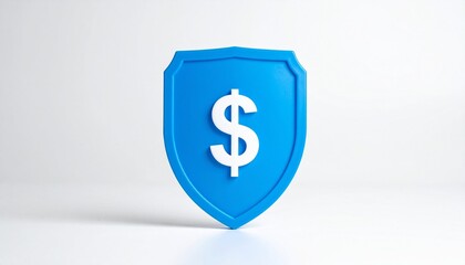 Obraz premium Glossy blue shield with a white dollar sign ($) centered on a plain white background