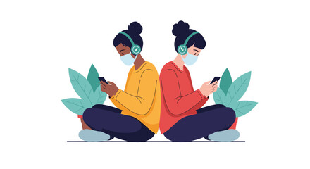 Two people wearing masks and headphones look at their phones.