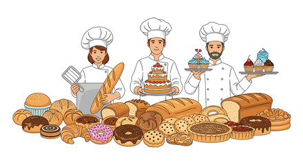 Bakers proudly present a delicious assortment of freshly baked goods.