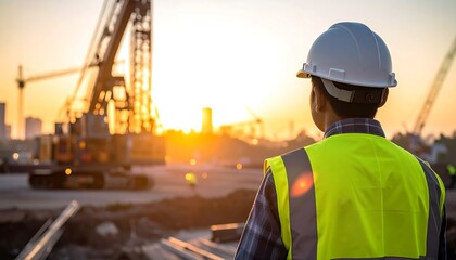 A construction worker, viewed from the back, wearing a hardhat and reflective vest, gazes at a construction site as the sun sets