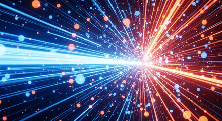 Naklejka premium Dynamic abstract burst of glowing blue and orange light particles and streaks creating a sense of speed and energy.