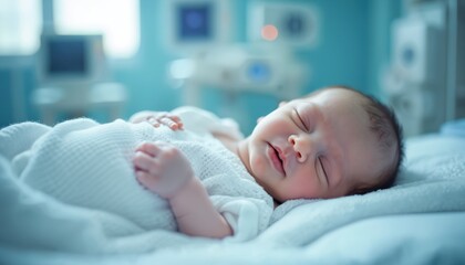 Newborn baby rests peacefully in hospital incubator, medical equipment surrounds sleeping infant. Premature child receives intensive care in NICU, safe and protected within sterile environment.