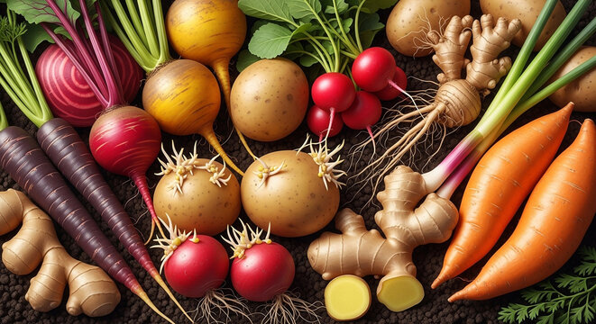 Vibrant, fresh root vegetables like carrots, beets, potatoes, radishes, and ginger artfully arranged on rich dark soil, showcasing natural goodness and healthy eating.