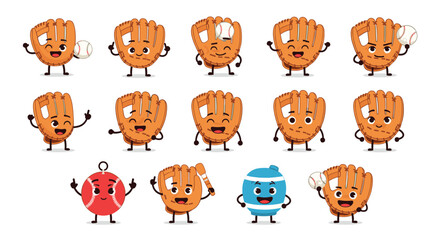 Obraz premium A collection of baseball gloves and balls with happy faces and playful poses.