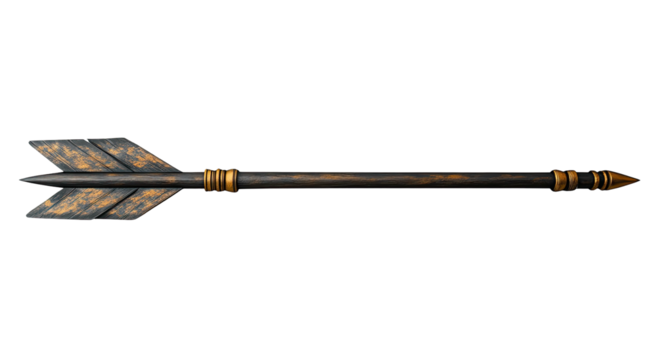 Detailed, rusty arrow with feathered fletching and pointed tip