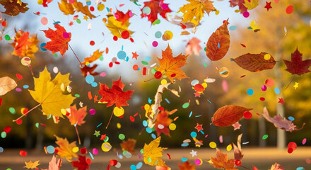 Vibrant autumn leaves and colorful confetti dance joyfully in the crisp outdoor air, celebrating festive seasonal fun