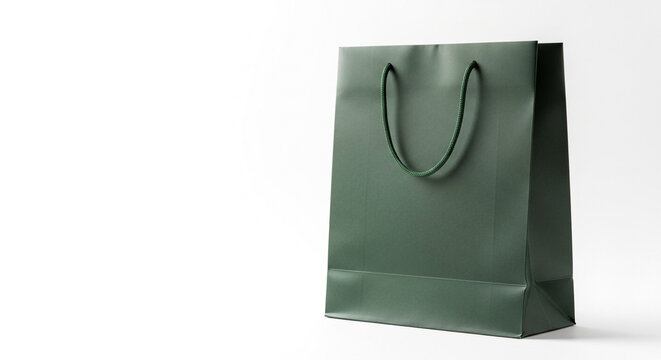 Elegant dark green shopping bag with sturdy rope handles presented on a clean white background, perfect for retail branding.