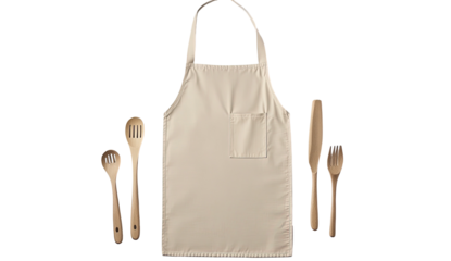 Beige apron w/ pocket, surrounded by wooden kitchen utensils on black