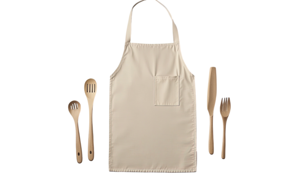 Beige apron w/ pocket, surrounded by wooden kitchen utensils on black