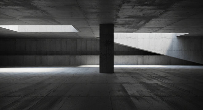 Modern concrete architectural interior with dramatic lighting, creating a minimalist and industrial design with shadows and spaciousness
