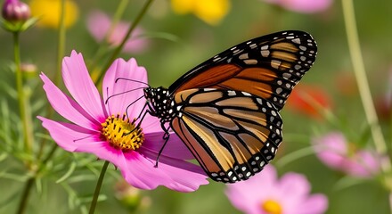 Naklejka premium Monarch Butterfly on Pink Cosmos Flower in a Garden.