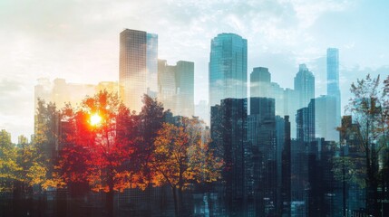 metropolis and nature, double exposure, photo.