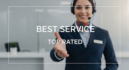 Smiling customer service representative extending hand for a welcoming gesture, offering assistance and excellent support